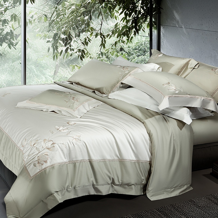 91家纺网 家纺一手货源 找家纺 诗黛尔家纺 2026春夏新款长绒棉刺绣四件套 叶澜居系列 叶澜居-油果绿