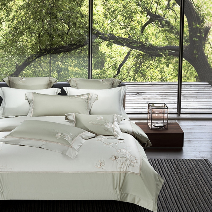 91家纺网 家纺一手货源 找家纺 诗黛尔家纺 2026春夏新款长绒棉刺绣四件套 叶澜居系列 叶澜居-油果绿