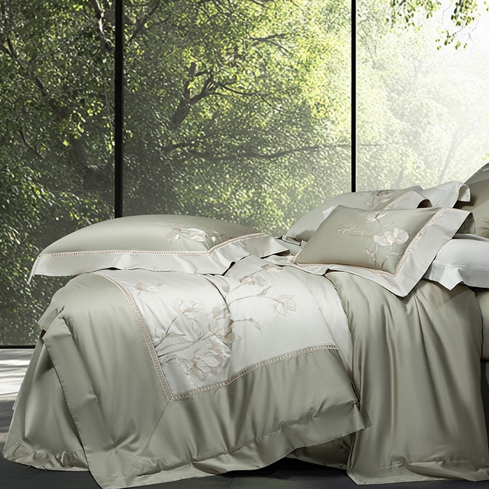 91家纺网 家纺一手货源 找家纺 诗黛尔家纺 2026春夏新款长绒棉刺绣四件套 叶澜居系列 叶澜居-油果绿