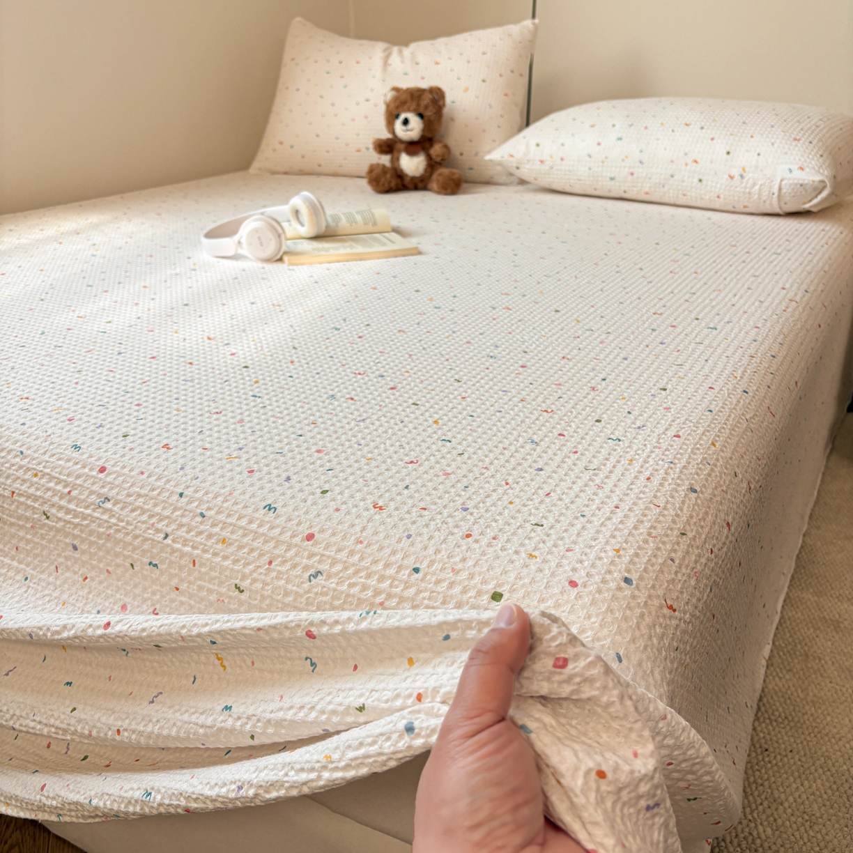 居眠 2026新款全棉印花华夫格床单 彩带条