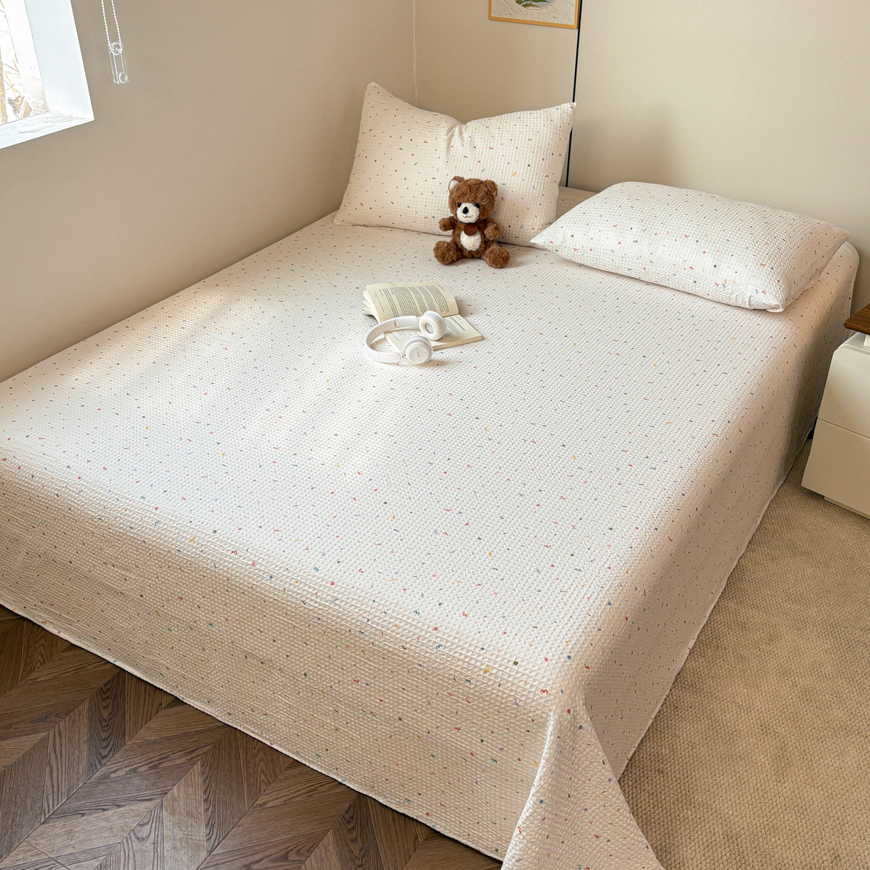 91家纺网 家纺一手货源 找家纺 居眠 2026新款全棉印花华夫格床单 彩带条