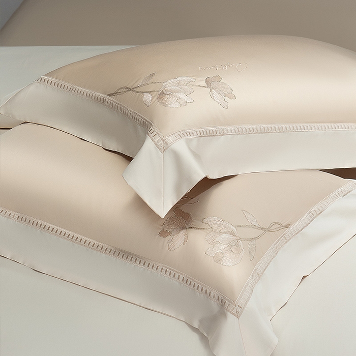 91家纺网 家纺一手货源 找家纺 诗黛尔家纺 2026春夏新款长绒棉刺绣四件套 叶澜居系列 叶澜居-卡其色