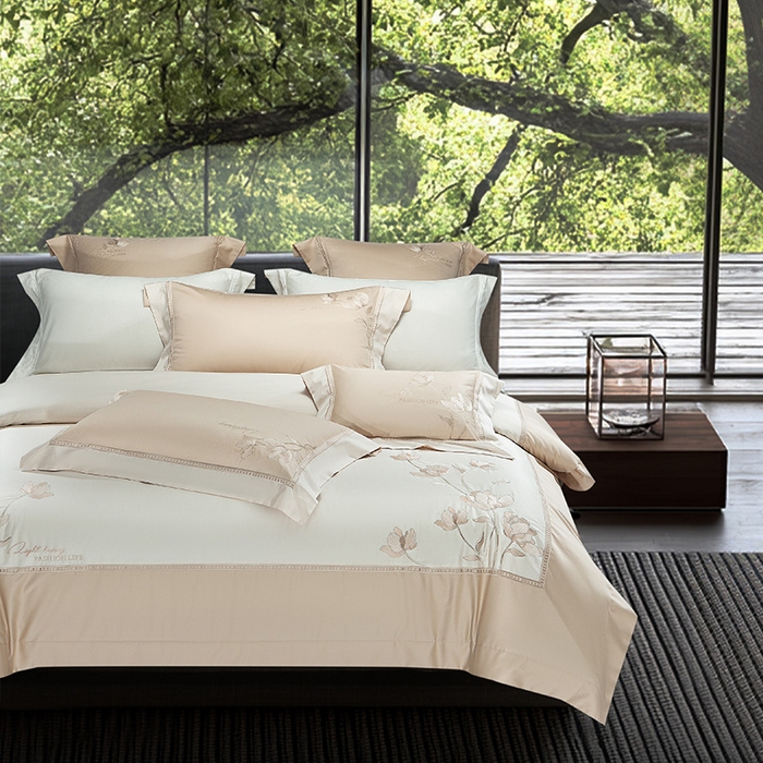 91家纺网 家纺一手货源 找家纺 诗黛尔家纺 2026春夏新款长绒棉刺绣四件套 叶澜居系列 叶澜居-卡其色