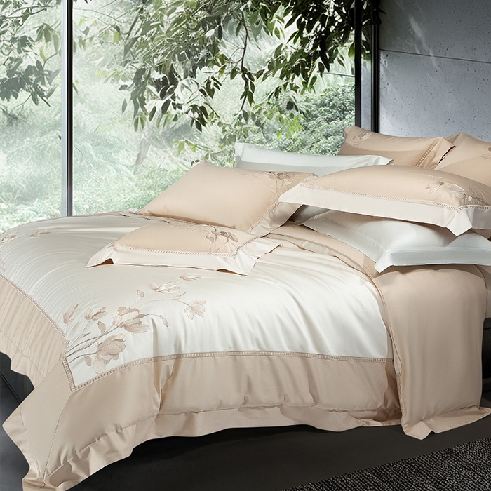 91家纺网 家纺一手货源 找家纺 诗黛尔家纺 2026春夏新款长绒棉刺绣四件套 叶澜居系列 叶澜居-卡其色