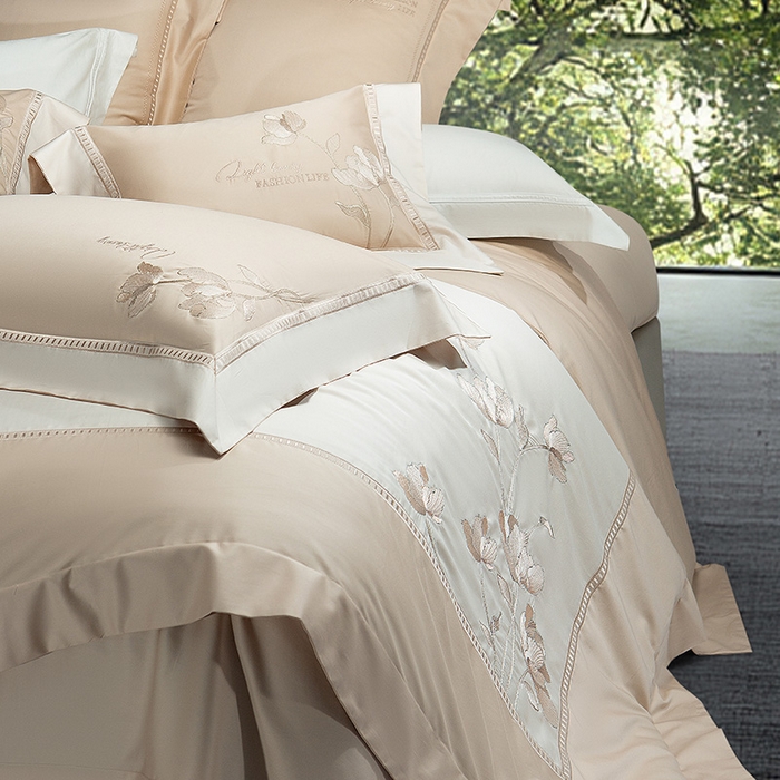 91家纺网 家纺一手货源 找家纺 诗黛尔家纺 2026春夏新款长绒棉刺绣四件套 叶澜居系列 叶澜居-卡其色