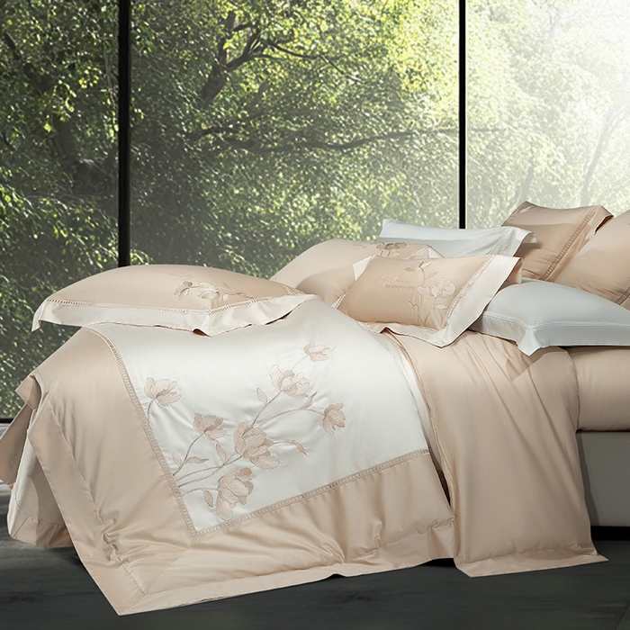 91家纺网 家纺一手货源 找家纺 诗黛尔家纺 2026春夏新款长绒棉刺绣四件套 叶澜居系列 叶澜居-卡其色