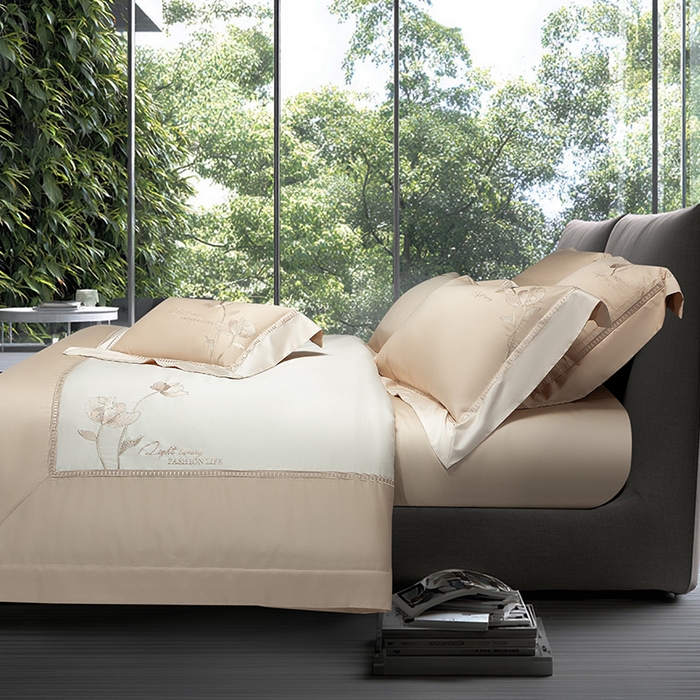 91家纺网 家纺一手货源 找家纺 诗黛尔家纺 2026春夏新款长绒棉刺绣四件套 叶澜居系列 叶澜居-卡其色