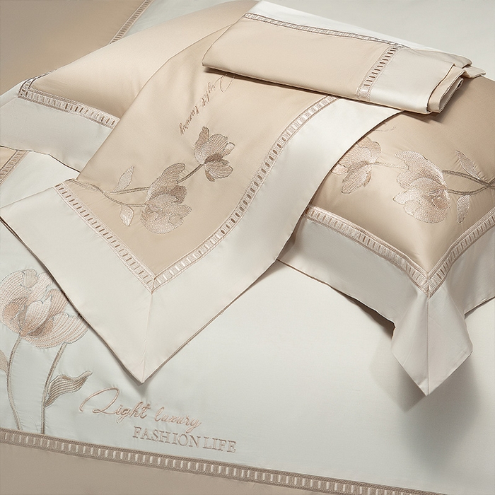 91家纺网 家纺一手货源 找家纺 诗黛尔家纺 2026春夏新款长绒棉刺绣四件套 叶澜居系列 叶澜居-卡其色