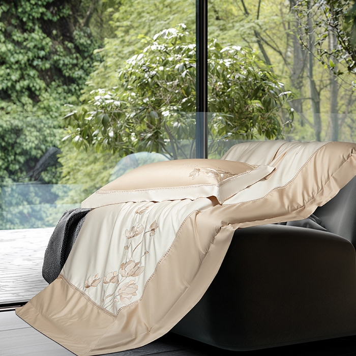 91家纺网 家纺一手货源 找家纺 诗黛尔家纺 2026春夏新款长绒棉刺绣四件套 叶澜居系列 叶澜居-卡其色