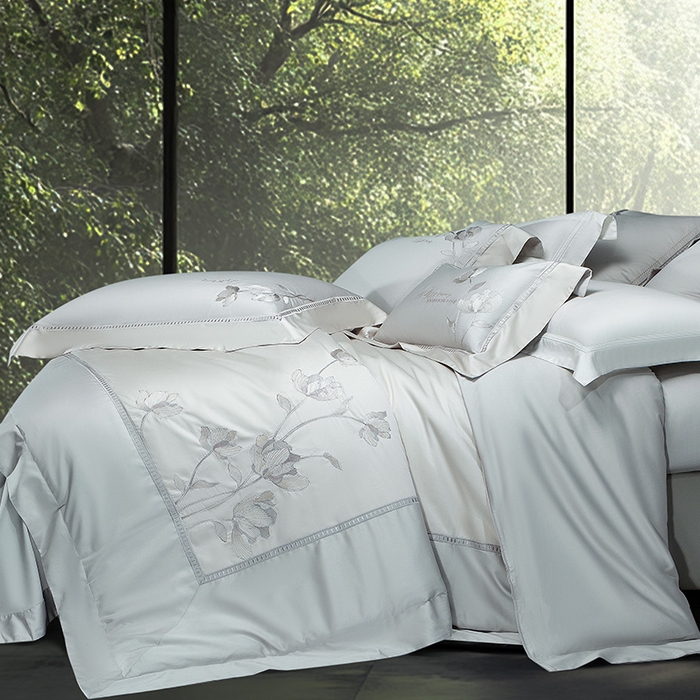 91家纺网 家纺一手货源 找家纺 诗黛尔家纺 2026春夏新款长绒棉刺绣四件套 叶澜居系列 叶澜居-绅士灰