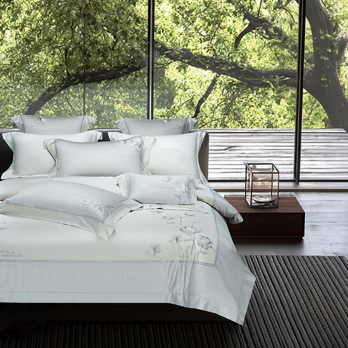 91家纺网 家纺一手货源 找家纺 诗黛尔家纺 2026春夏新款长绒棉刺绣四件套 叶澜居系列 叶澜居-绅士灰