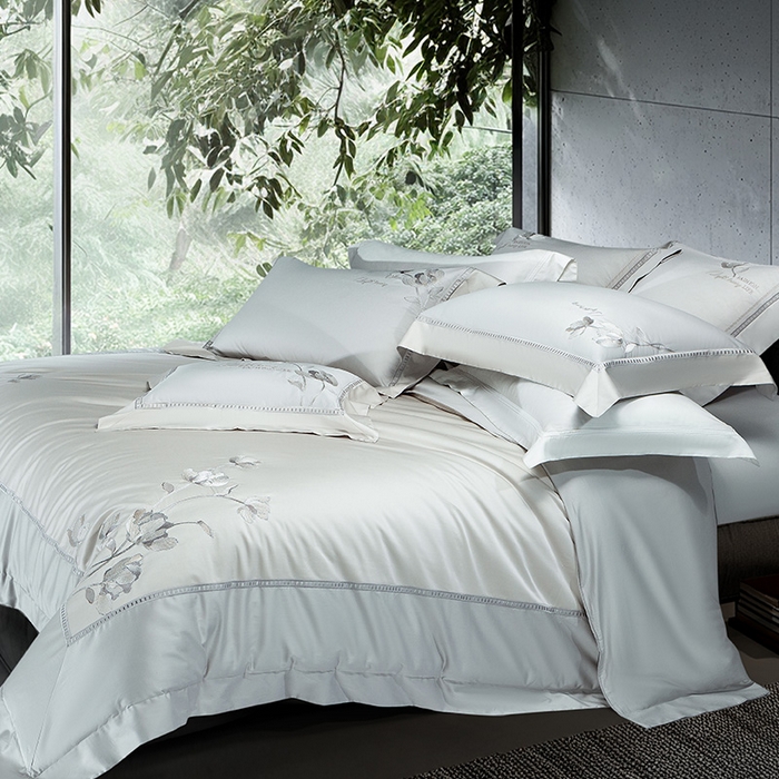 91家纺网 家纺一手货源 找家纺 诗黛尔家纺 2026春夏新款长绒棉刺绣四件套 叶澜居系列 叶澜居-绅士灰