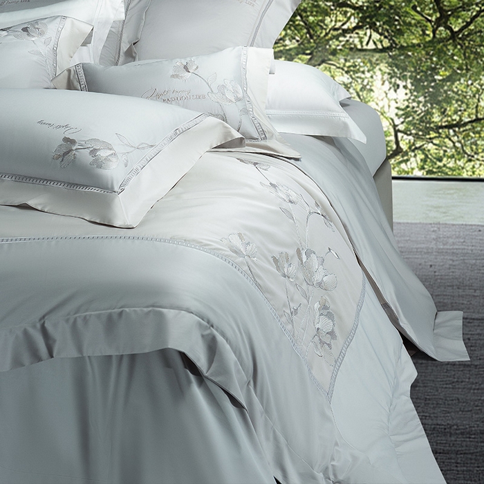 91家纺网 家纺一手货源 找家纺 诗黛尔家纺 2026春夏新款长绒棉刺绣四件套 叶澜居系列 叶澜居-绅士灰