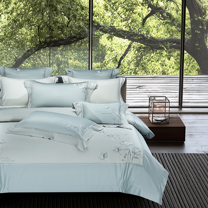 91家纺网 家纺一手货源 找家纺 诗黛尔家纺 2026春夏新款长绒棉刺绣四件套 叶澜居系列 叶澜居-水晶兰