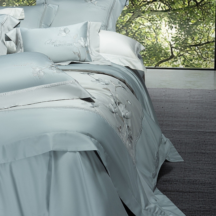 91家纺网 家纺一手货源 找家纺 诗黛尔家纺 2026春夏新款长绒棉刺绣四件套 叶澜居系列 叶澜居-水晶兰