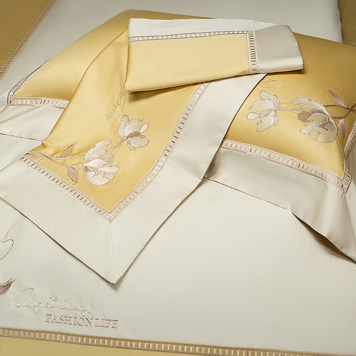 91家纺网 家纺一手货源 找家纺 诗黛尔家纺 2026春夏新款长绒棉刺绣四件套 叶澜居系列 叶澜居-香蕉黄