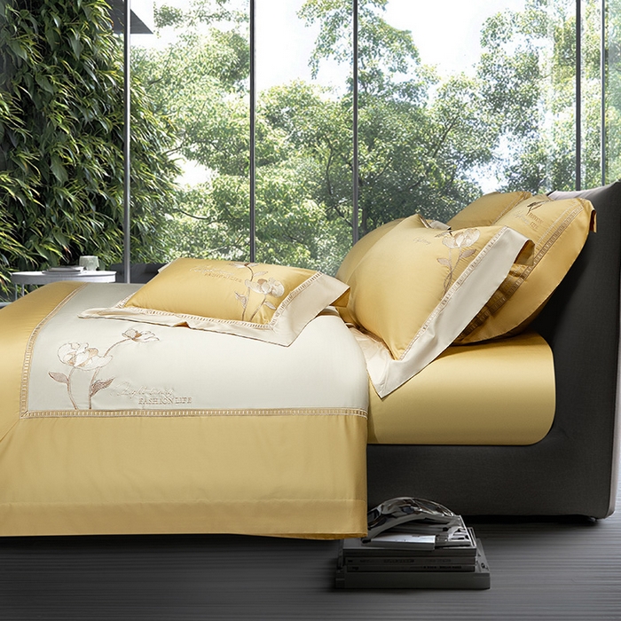 91家纺网 家纺一手货源 找家纺 诗黛尔家纺 2026春夏新款长绒棉刺绣四件套 叶澜居系列 叶澜居-香蕉黄