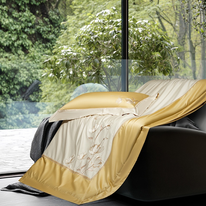 91家纺网 家纺一手货源 找家纺 诗黛尔家纺 2026春夏新款长绒棉刺绣四件套 叶澜居系列 叶澜居-香蕉黄