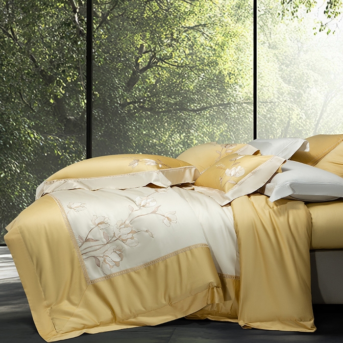 91家纺网 家纺一手货源 找家纺 诗黛尔家纺 2026春夏新款长绒棉刺绣四件套 叶澜居系列 叶澜居-香蕉黄