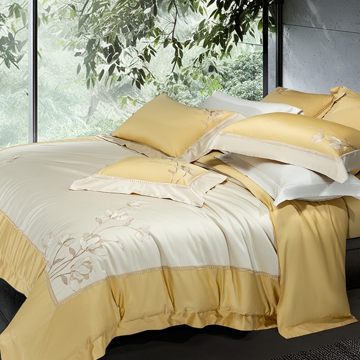 91家纺网 家纺一手货源 找家纺 诗黛尔家纺 2026春夏新款长绒棉刺绣四件套 叶澜居系列 叶澜居-香蕉黄