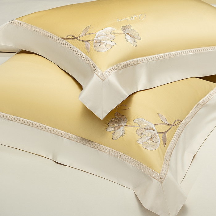 91家纺网 家纺一手货源 找家纺 诗黛尔家纺 2026春夏新款长绒棉刺绣四件套 叶澜居系列 叶澜居-香蕉黄