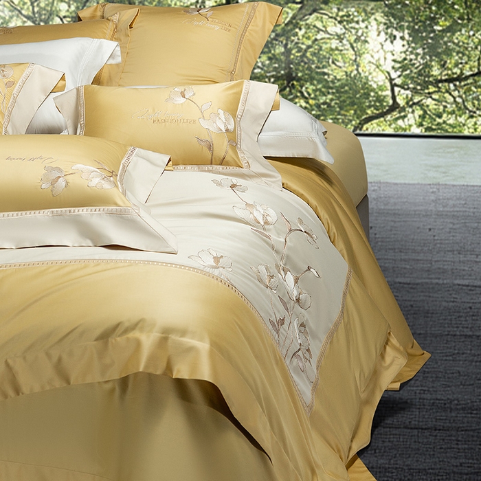 91家纺网 家纺一手货源 找家纺 诗黛尔家纺 2026春夏新款长绒棉刺绣四件套 叶澜居系列 叶澜居-香蕉黄