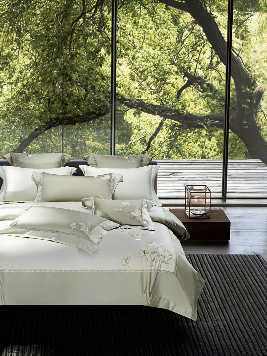 91家纺网 家纺一手货源 找家纺 诗黛尔家纺 2026春夏新款长绒棉刺绣四件套 叶澜居系列 叶澜居-油果绿