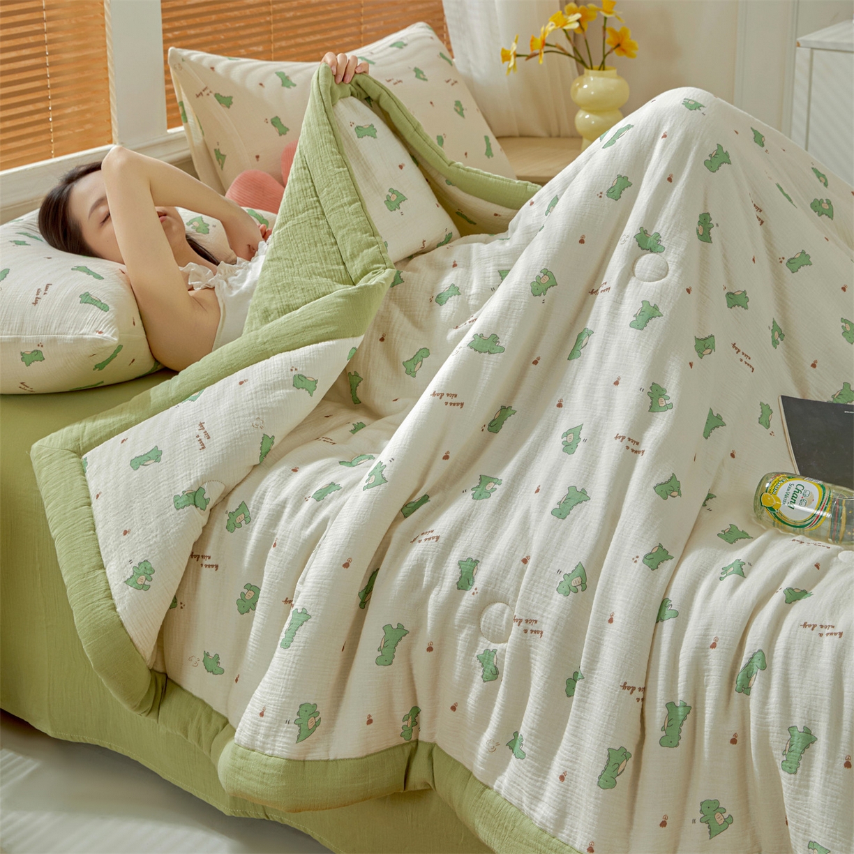 91家纺网 家纺一手货源 找家纺 恬思语家纺 2026春夏新款里外全棉皱皱纱印花棉花夏被夏凉被空调被 恐龙乐园