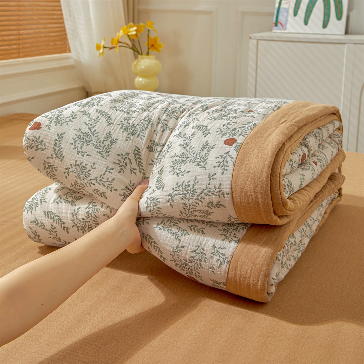 91家纺网 家纺一手货源 找家纺 恬思语家纺 2026春夏新款里外全棉皱皱纱印花棉花夏被夏凉被空调被 甜柚