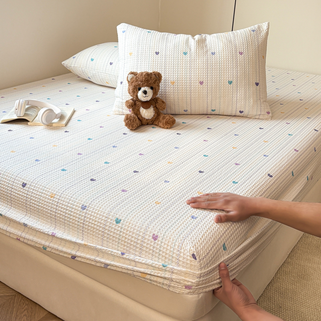 91家纺网 家纺一手货源 找家纺 居眠 2026新款全棉印花华夫格床笠 伊柠