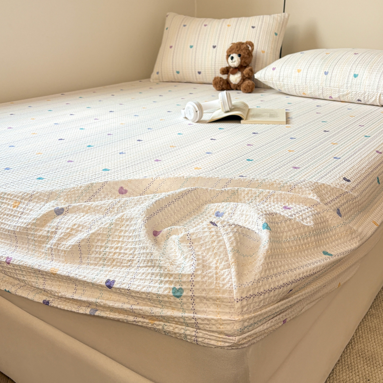 91家纺网 家纺一手货源 找家纺 居眠 2026新款全棉印花华夫格床笠 伊柠