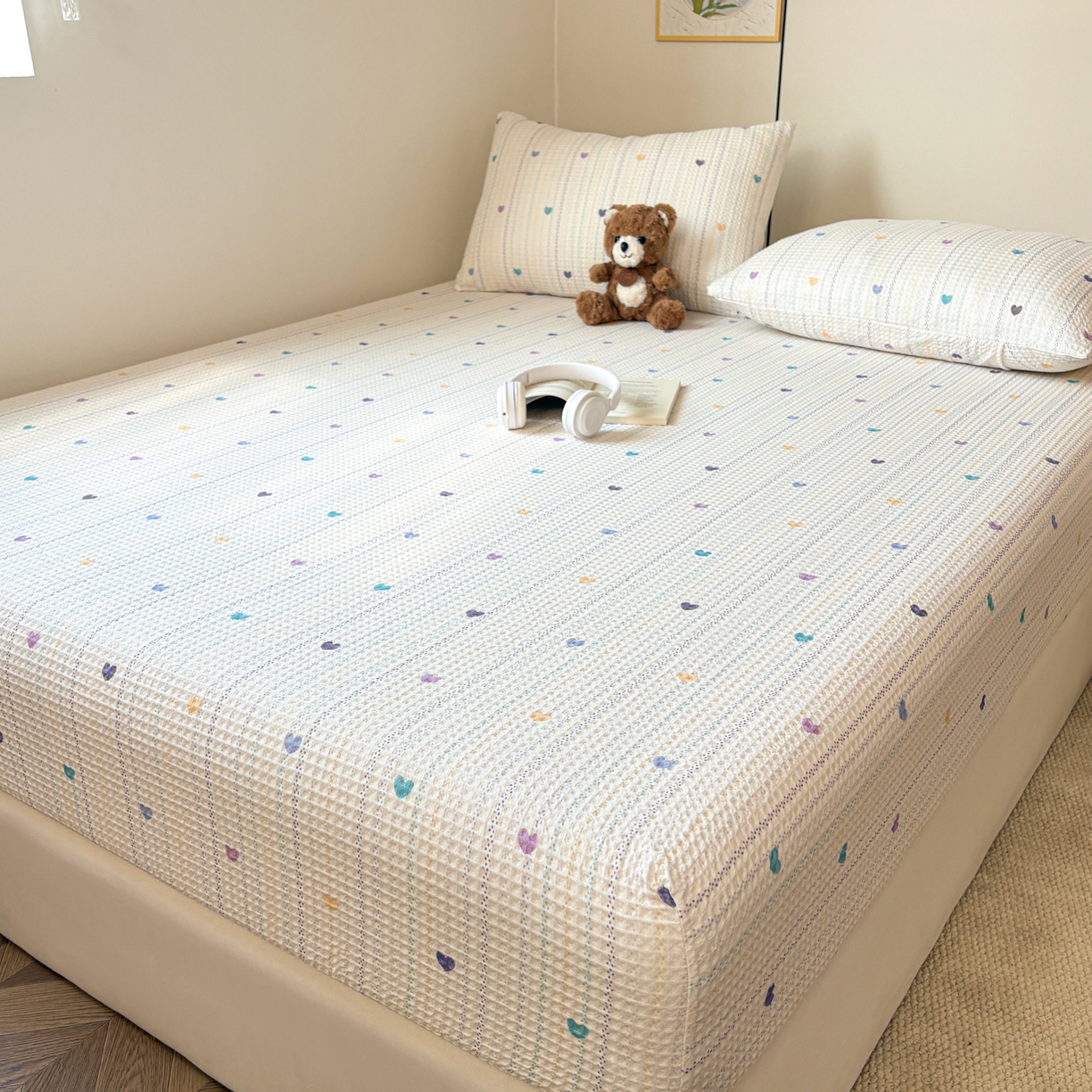 91家纺网 家纺一手货源 找家纺 居眠 2026新款全棉印花华夫格床笠 伊柠