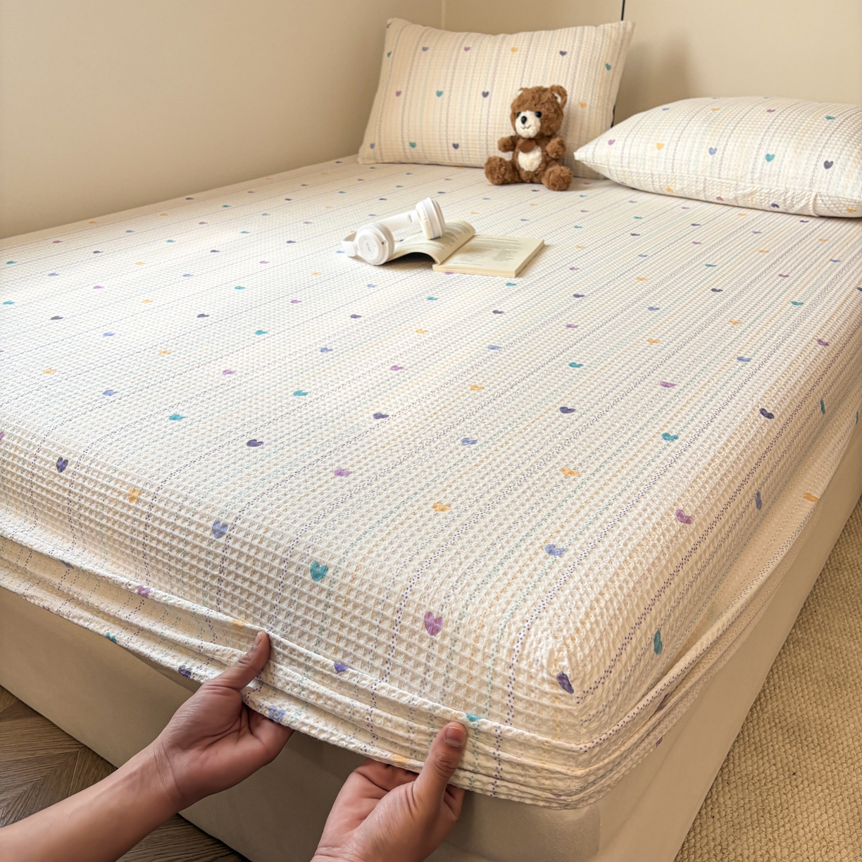 91家纺网 家纺一手货源 找家纺 居眠 2026新款全棉印花华夫格床笠 伊柠