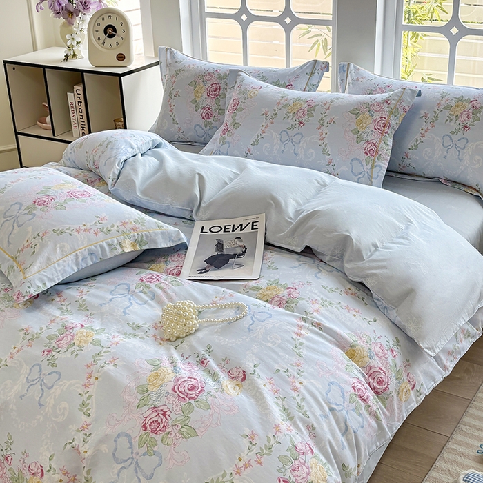 91家纺网 家纺一手货源 找家纺 宇彬家纺 2026新款13070A类全棉纯棉印花床单床款四件套和单被套-一字绣工艺款系列 一字绣 米蓝韵花影