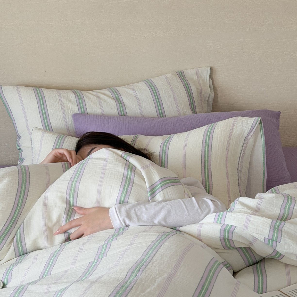 91家纺网 家纺一手货源 找家纺 （总）山舍家居 2026新款全棉纯棉色织条纹皱皱纱布四件套