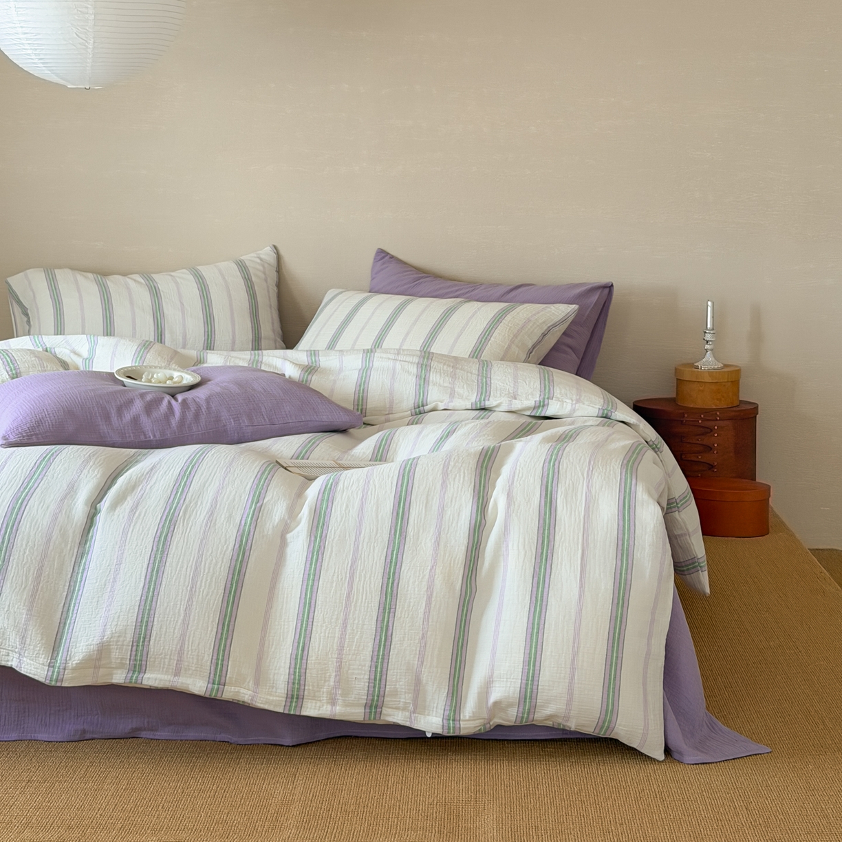 91家纺网 家纺一手货源 找家纺 （总）山舍家居 2026新款全棉纯棉色织条纹皱皱纱布四件套