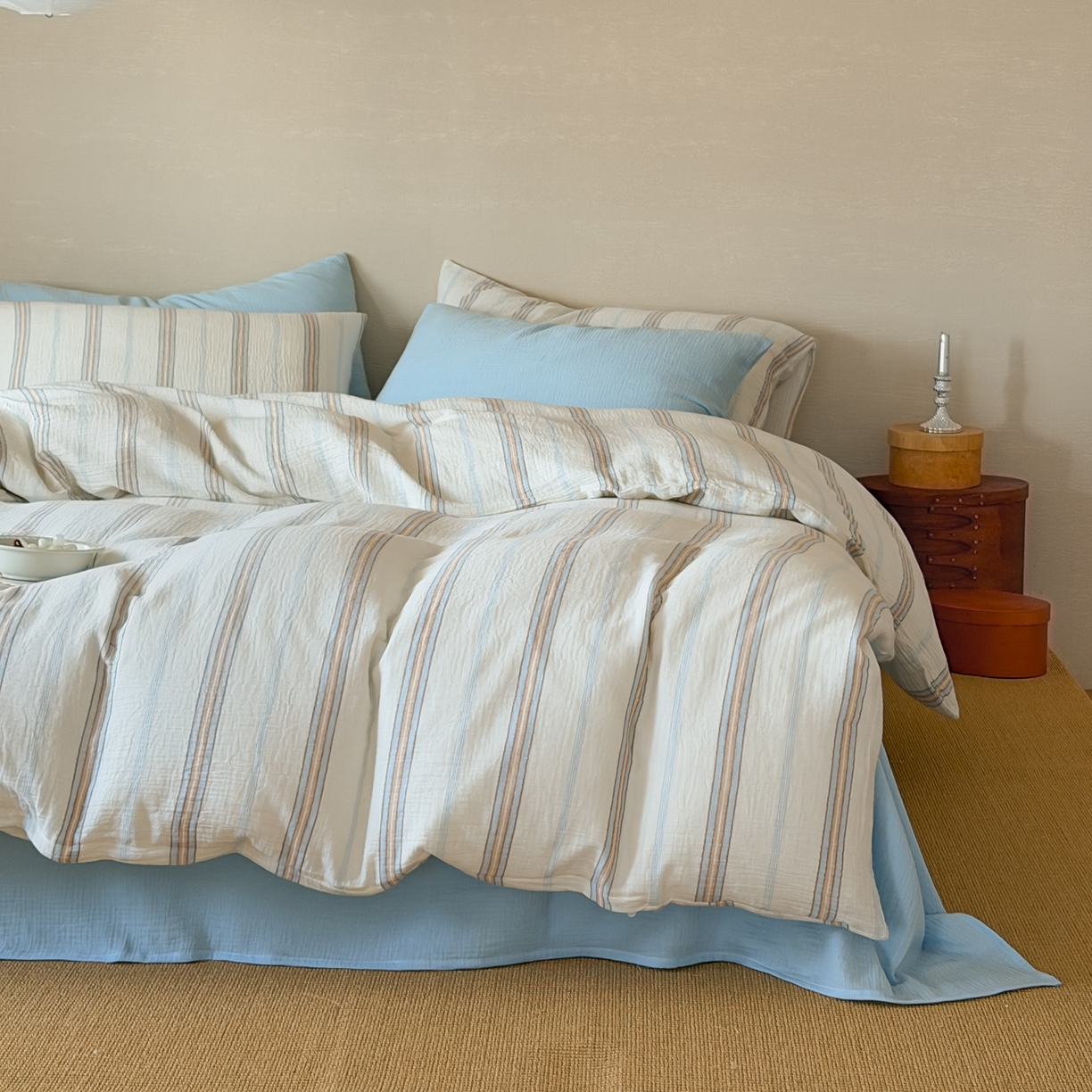 91家纺网 家纺一手货源 找家纺 山舍家居 2026新款全棉纯棉色织条纹皱皱纱布四件套 水手假日