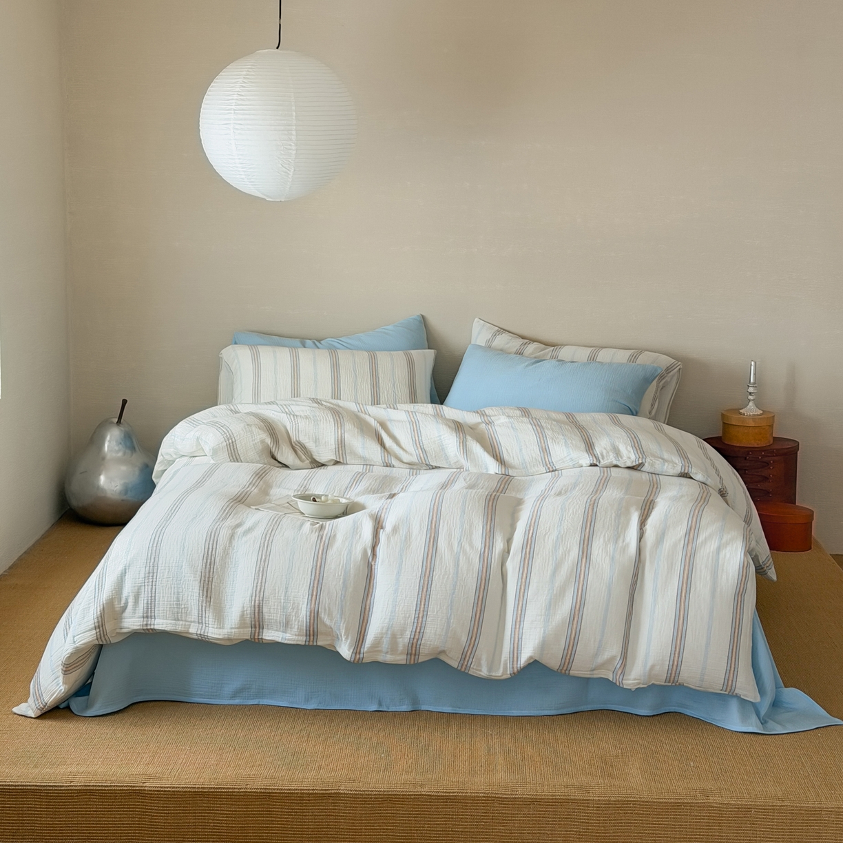 91家纺网 家纺一手货源 找家纺 山舍家居 2026新款全棉纯棉色织条纹皱皱纱布四件套 水手假日