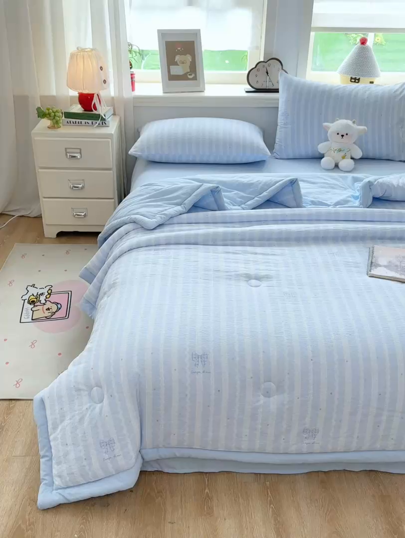 91家纺网 家纺一手货源 找家纺 家喜爱 2026年新款双层皱皱纱新疆棉花夏被夏凉被空调被【可开专票  普票】 海盐蝴蝶结