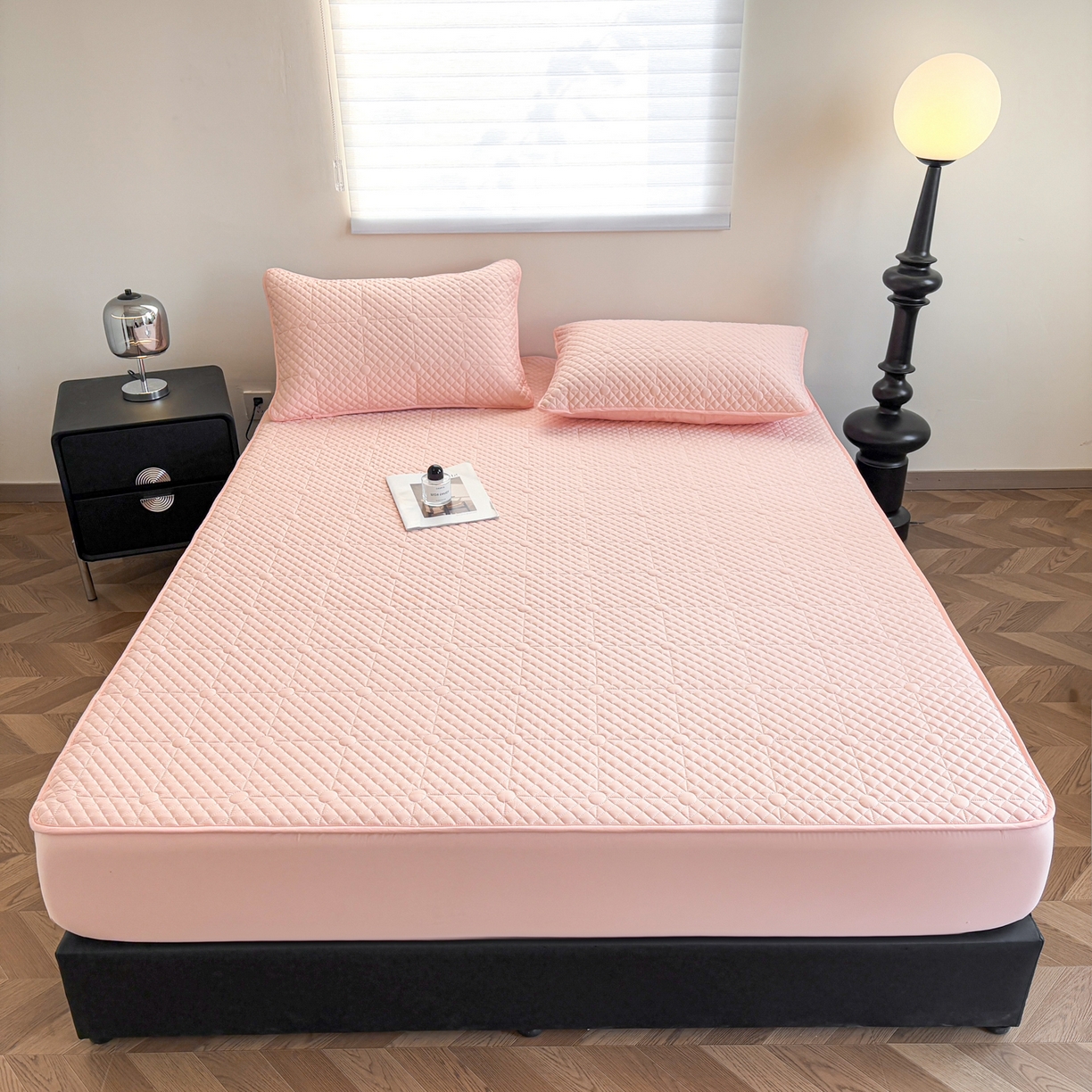 居眠 2026新款全棉夹棉棋盘格床笠 棋盘格-柔粉