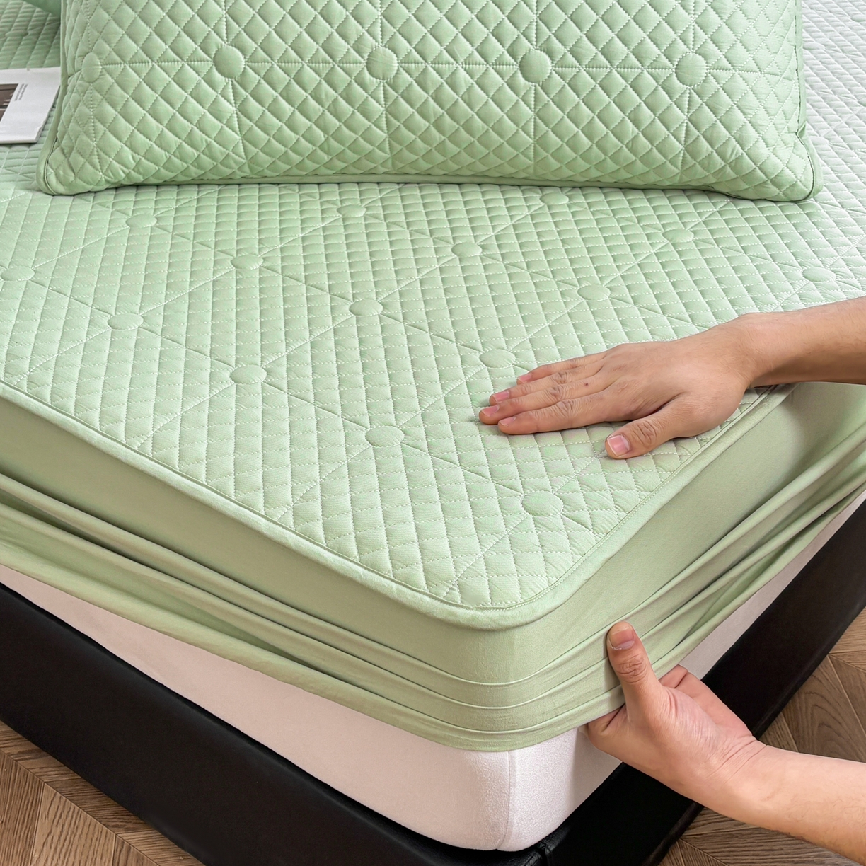 91家纺网 家纺一手货源 找家纺 居眠 2026新款全棉夹棉棋盘格床笠 棋盘格-果绿