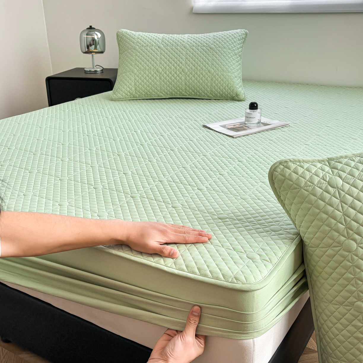 91家纺网 家纺一手货源 找家纺 居眠 2026新款全棉夹棉棋盘格床笠 棋盘格-果绿