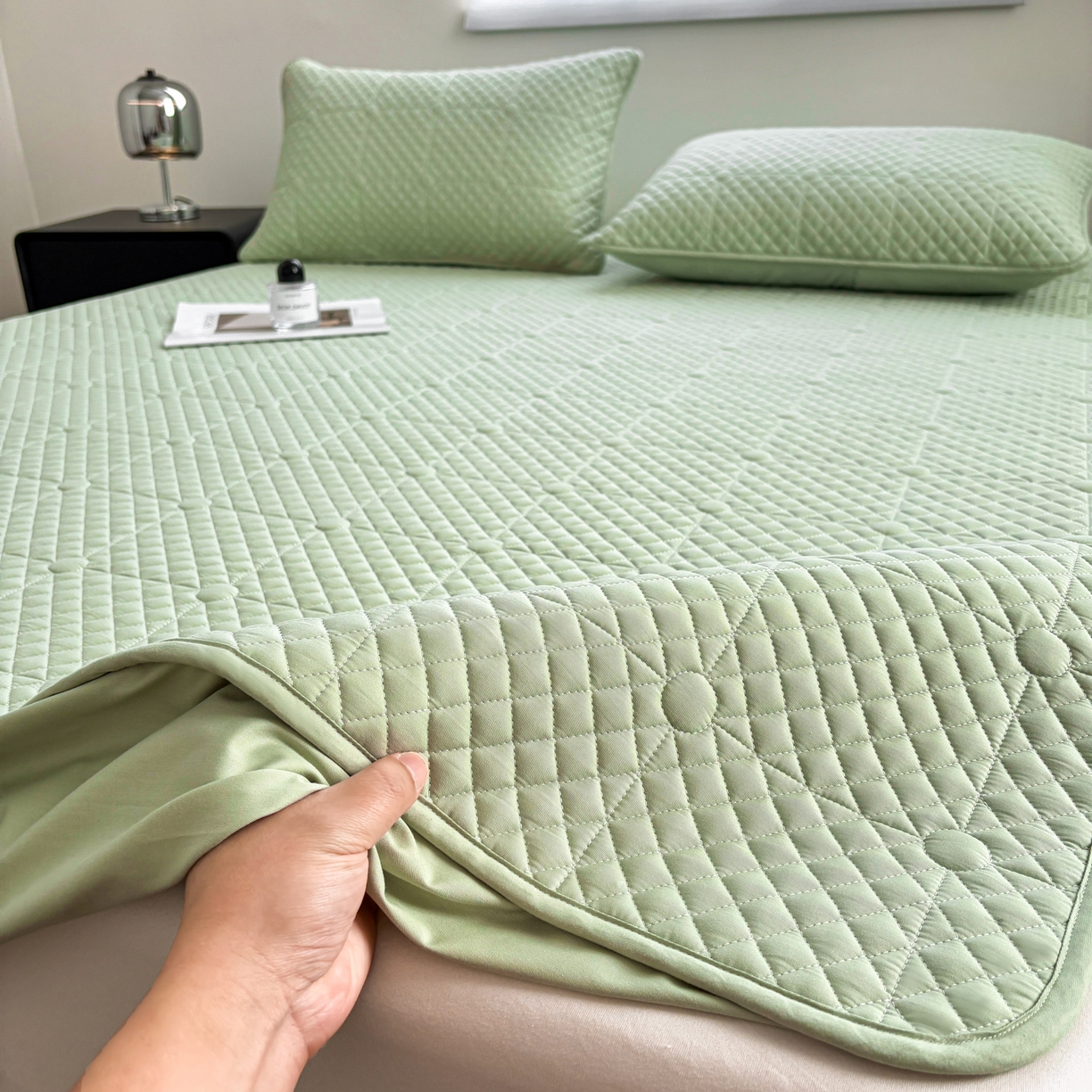 91家纺网 家纺一手货源 找家纺 居眠 2026新款全棉夹棉棋盘格床笠 棋盘格-果绿