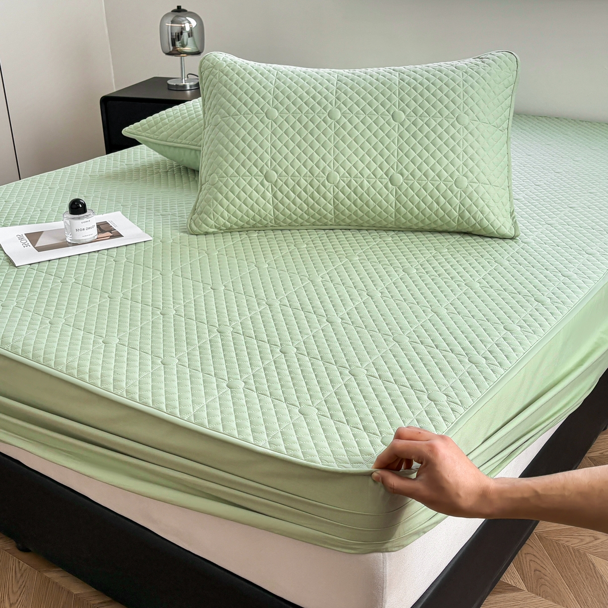 91家纺网 家纺一手货源 找家纺 居眠 2026新款全棉夹棉棋盘格床笠 棋盘格-果绿