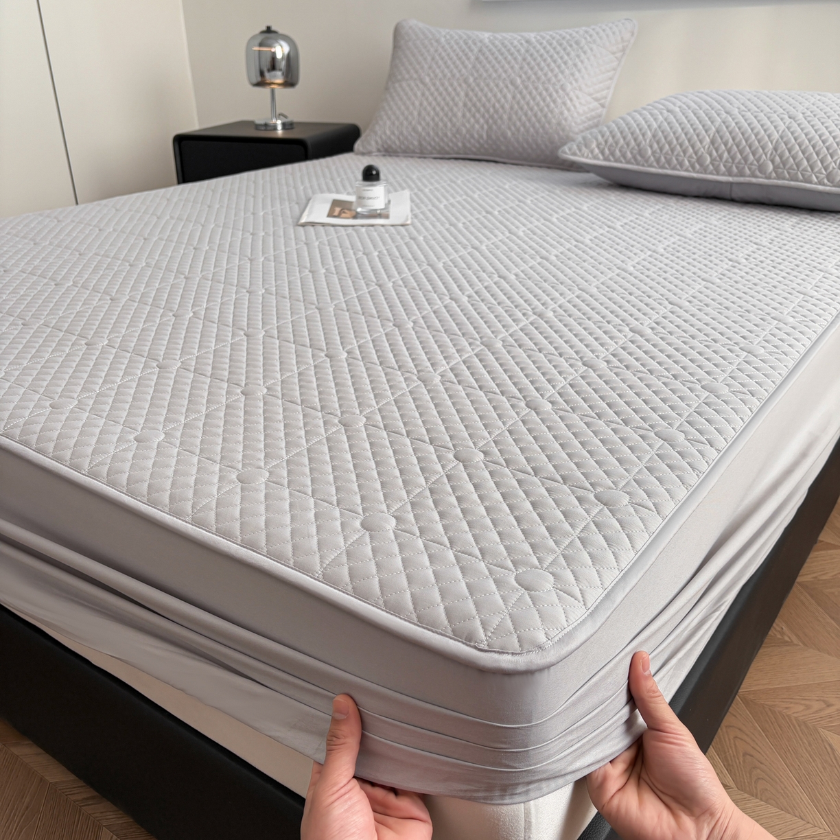 91家纺网 家纺一手货源 找家纺 居眠 2026新款全棉夹棉棋盘格床笠 棋盘格-星灰