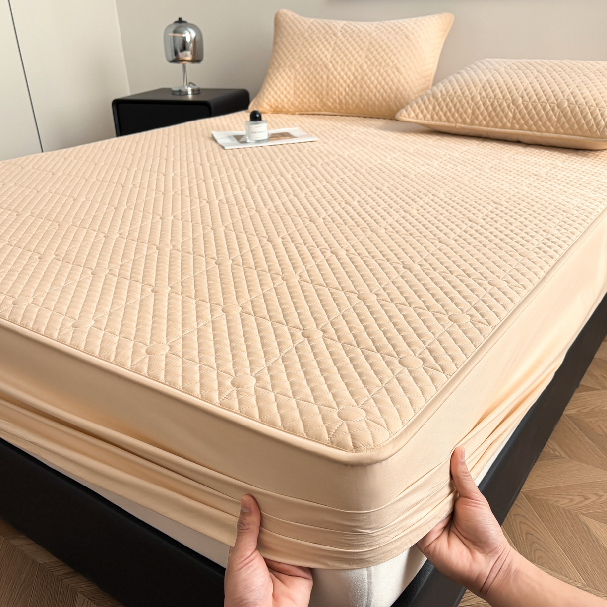 91家纺网 家纺一手货源 找家纺 居眠 2026新款全棉夹棉棋盘格床笠 棋盘格-卡其