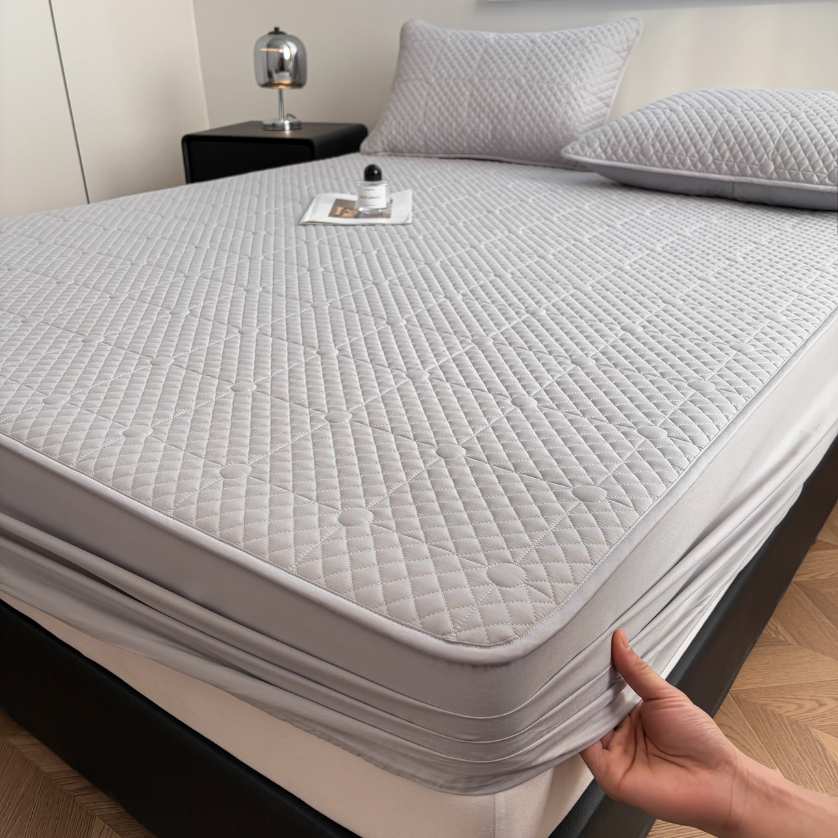 91家纺网 家纺一手货源 找家纺 居眠 2026新款全棉夹棉棋盘格床笠 棋盘格-星灰