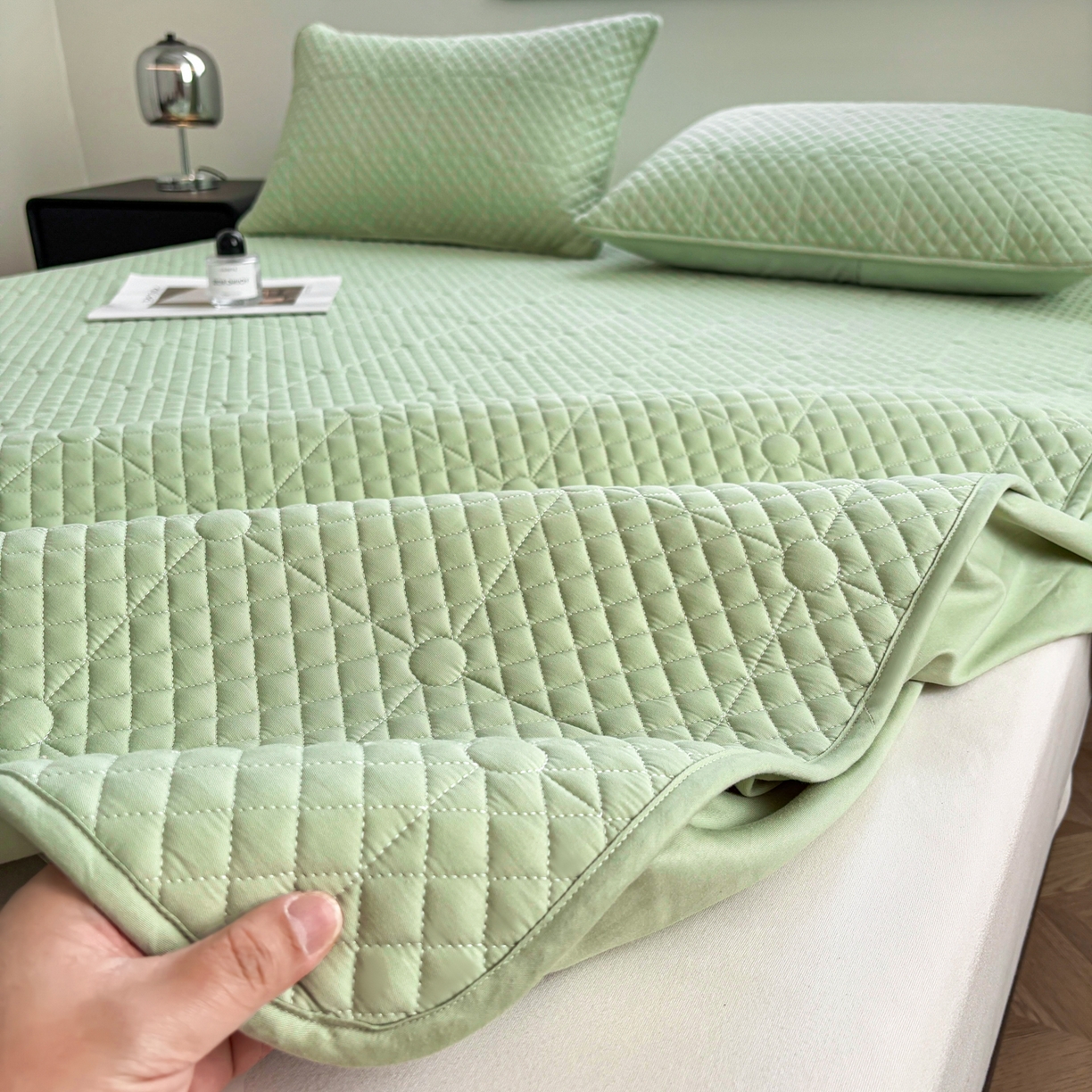 91家纺网 家纺一手货源 找家纺 居眠 2026新款全棉夹棉棋盘格床笠 棋盘格-果绿