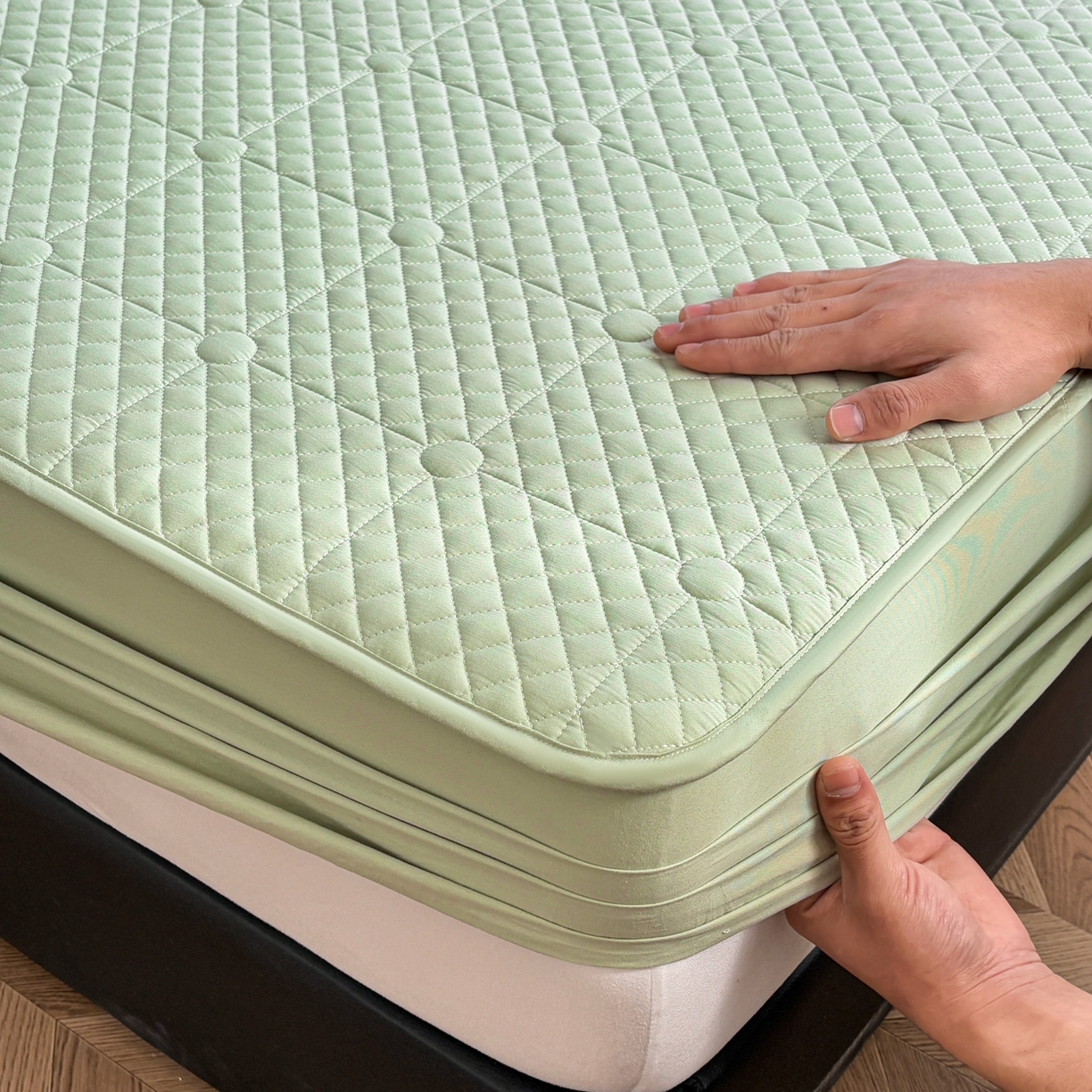 91家纺网 家纺一手货源 找家纺 居眠 2026新款全棉夹棉棋盘格床笠 棋盘格-果绿