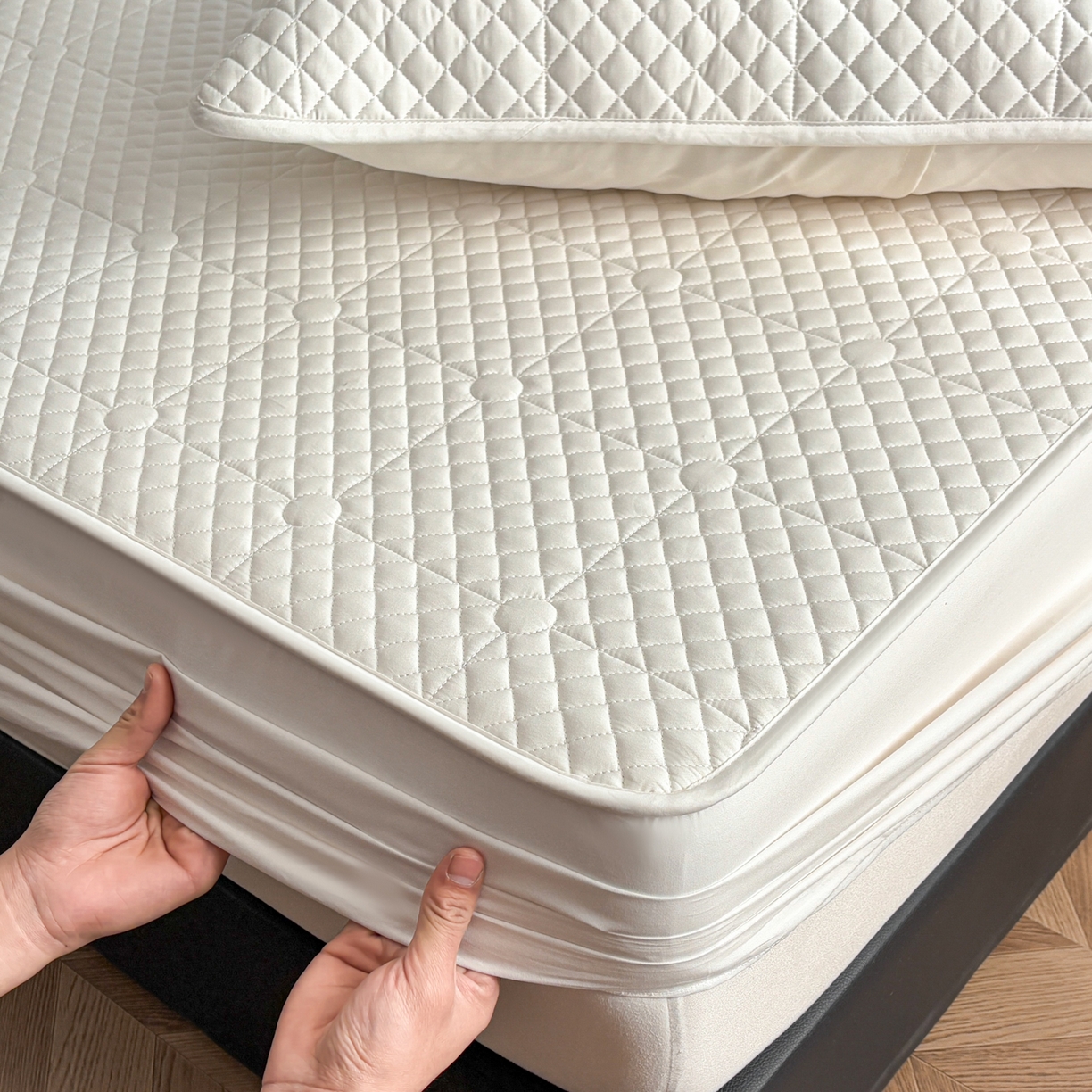 91家纺网 家纺一手货源 找家纺 居眠 2026新款全棉夹棉棋盘格床笠 棋盘格-奶白